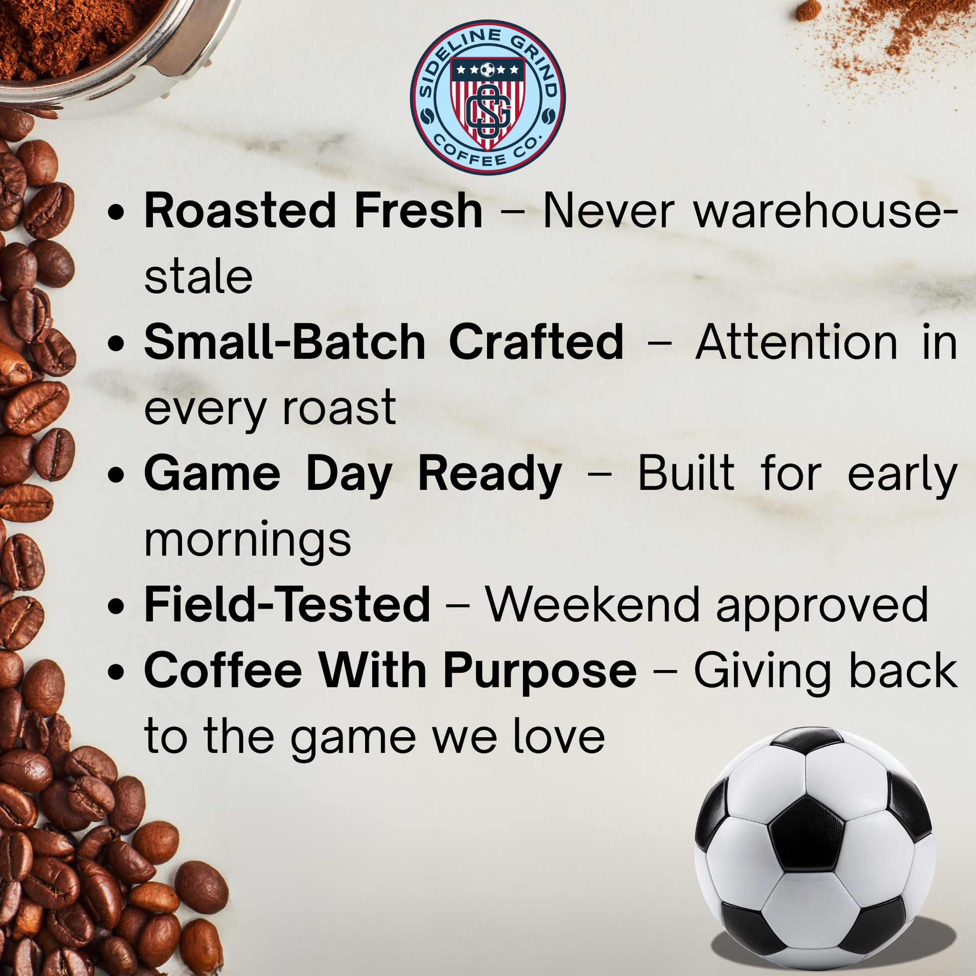 The image is a collage featuring a soccer ball, coffee beans, and a cup of coffee, along with text describing the coffee as "Roasted Fresh", "Small-Batch Crafted", "Game Day Ready", "Field-Tested", and "Coffee With Purpose".